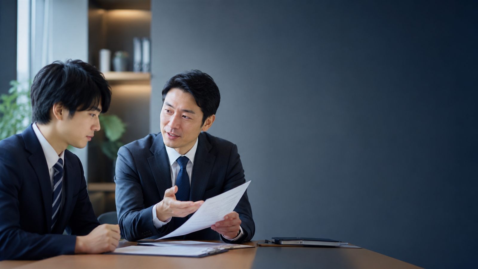 面談で書類を見ながら学生に説明するパートナー